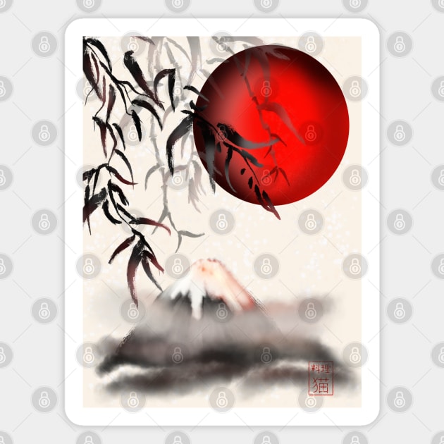 Sumi-e Mount Fuji with a red rising sun Magnet by cuisinecat